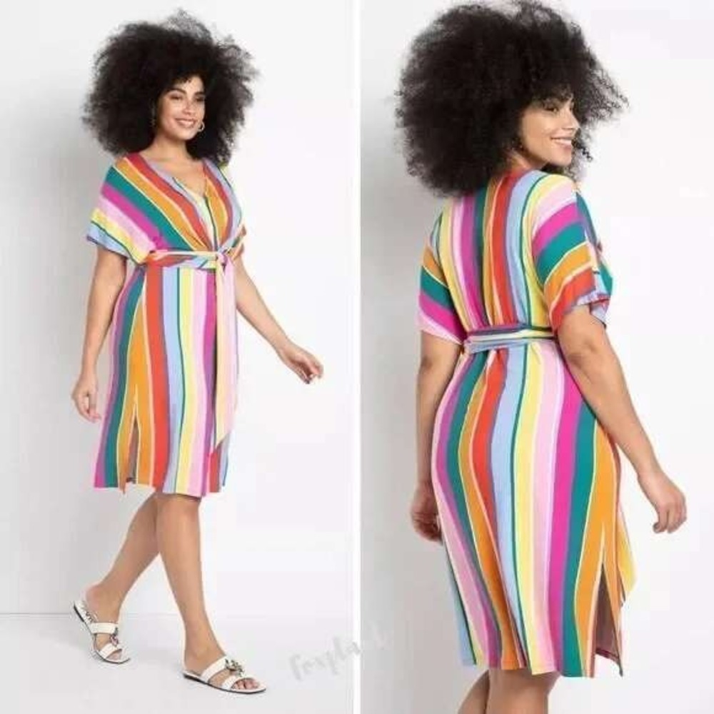 Eloquii Womens Plus Size 18 Rainbow Stripe‎ Wrap Front Tie Waist Midi Dress NEW